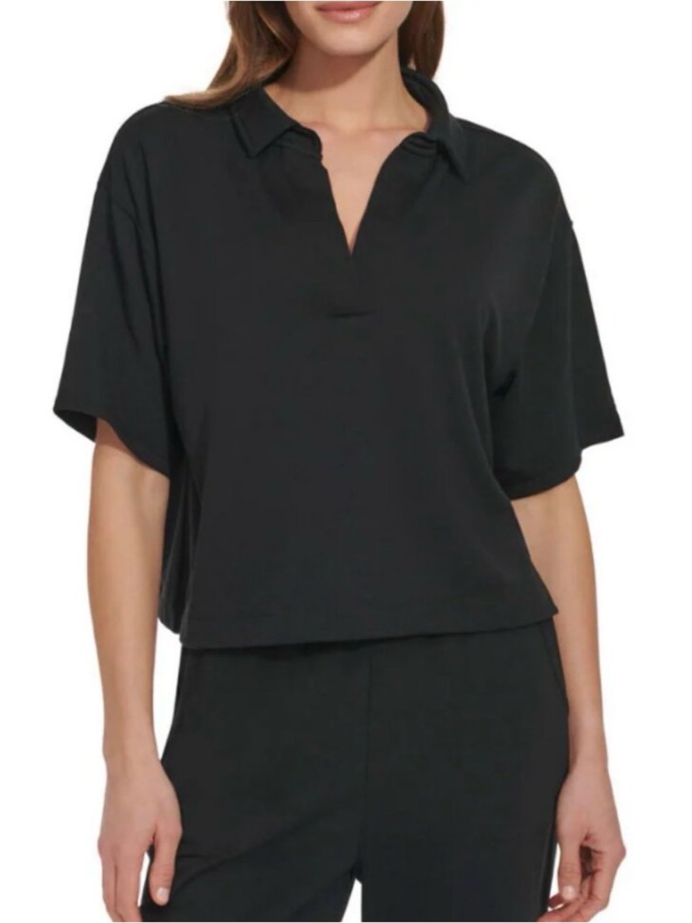 DKNY Sport: Women's Black Collared Short Sleeve Top